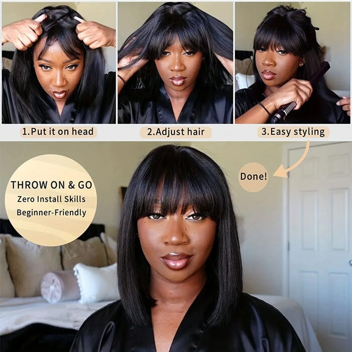✨ 100% Human Hair – 12” Blunt Bob Wig with Natural Bangs for Effortless Style