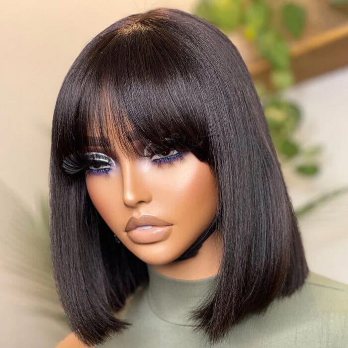 ✨ 100% Human Hair – 12” Blunt Bob Wig with Natural Bangs for Effortless Style