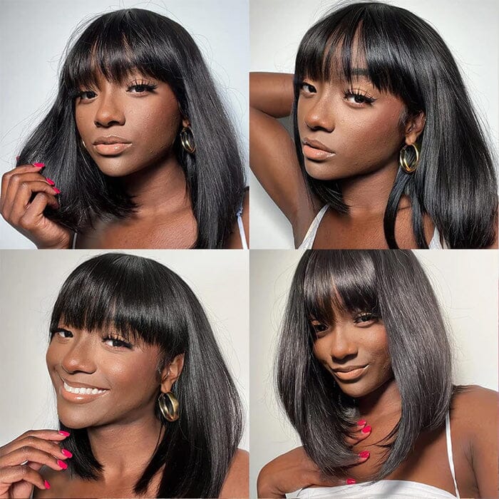 ✨ 100% Human Hair – 12” Blunt Bob Wig with Natural Bangs for Effortless Style