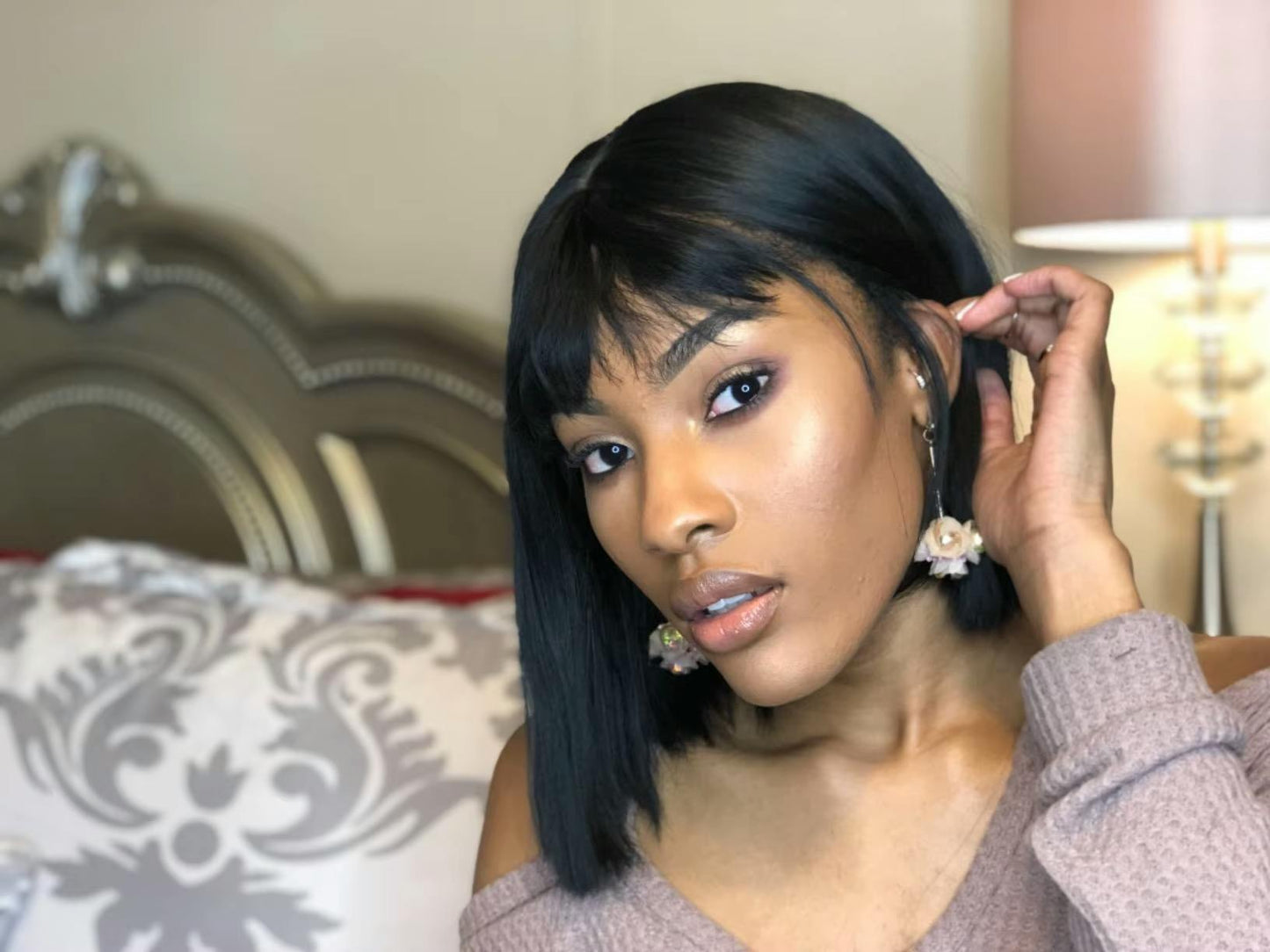 ✨ 100% Human Hair – 12” Blunt Bob Wig with Natural Bangs for Effortless Style