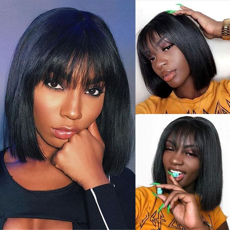✨ 100% Human Hair – 12” Blunt Bob Wig with Natural Bangs for Effortless Style