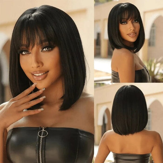 ✨ 100% Human Hair – 12” Blunt Bob Wig with Natural Bangs for Effortless Style