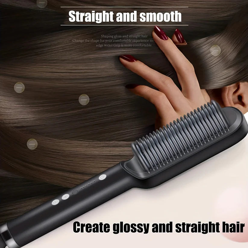 2-in-1 Electric Hair Straightener Brush Hot Comb Adjustment Heat Styling Curler Anti-Scald Comb