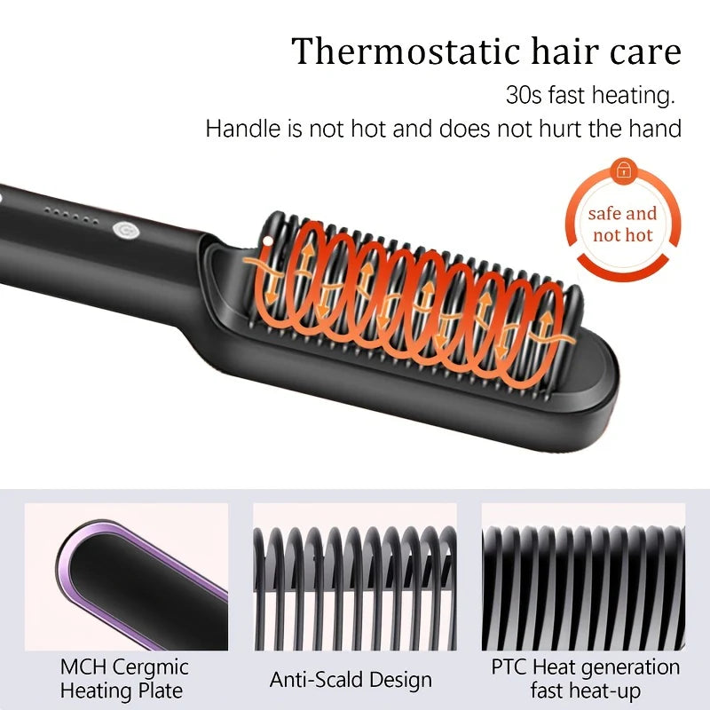 2-in-1 Electric Hair Straightener Brush Hot Comb Adjustment Heat Styling Curler Anti-Scald Comb